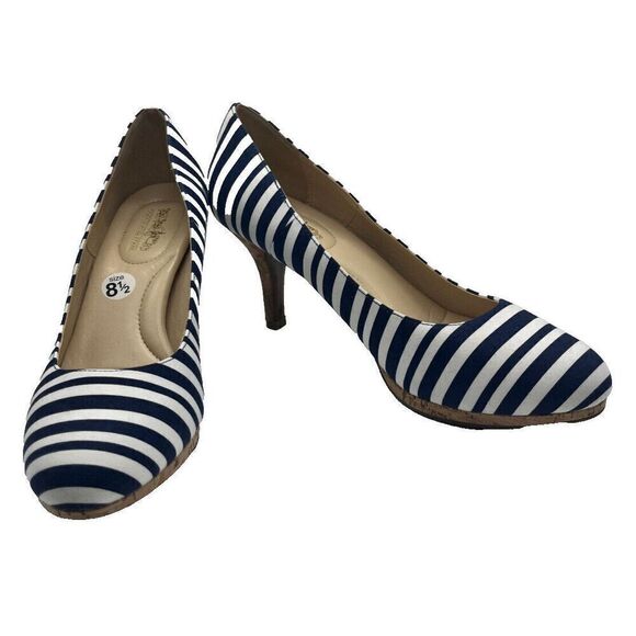 Coach and Four Blue and White Striped Pumps Cork Heels Shoes Size 8 1/2 - Picture 1 of 8